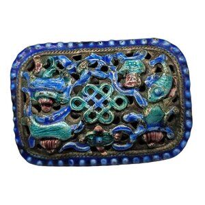 Gilt Chinese Enamel Brooch Gold Plated Front Colorful Design Sterling Silver